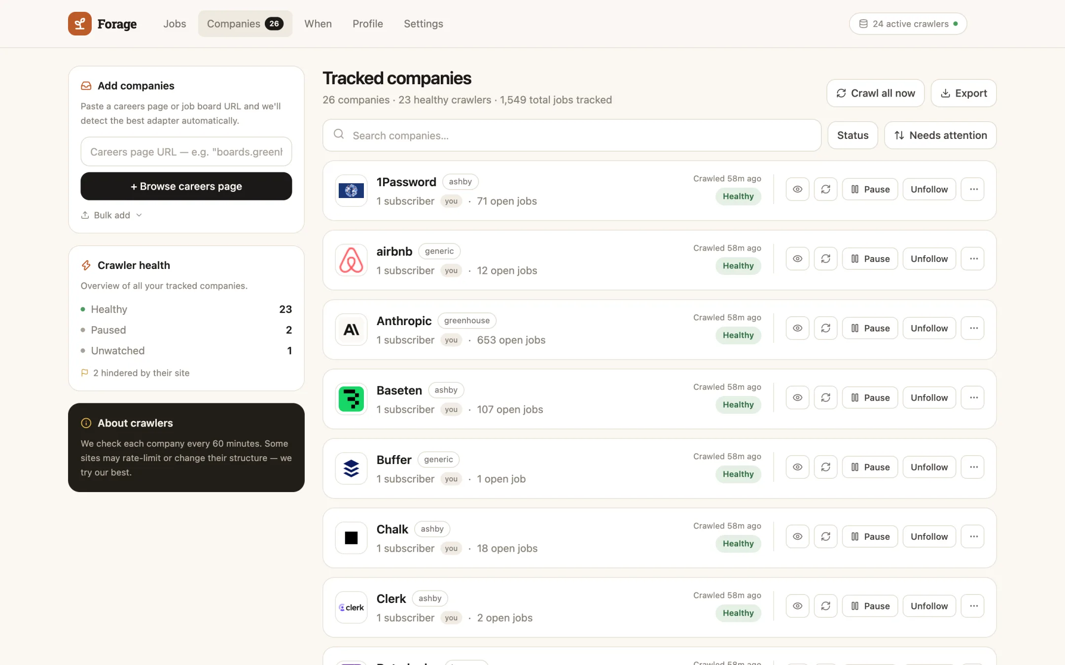 The tracked companies page: each company’s crawler, its health, and how many jobs are open